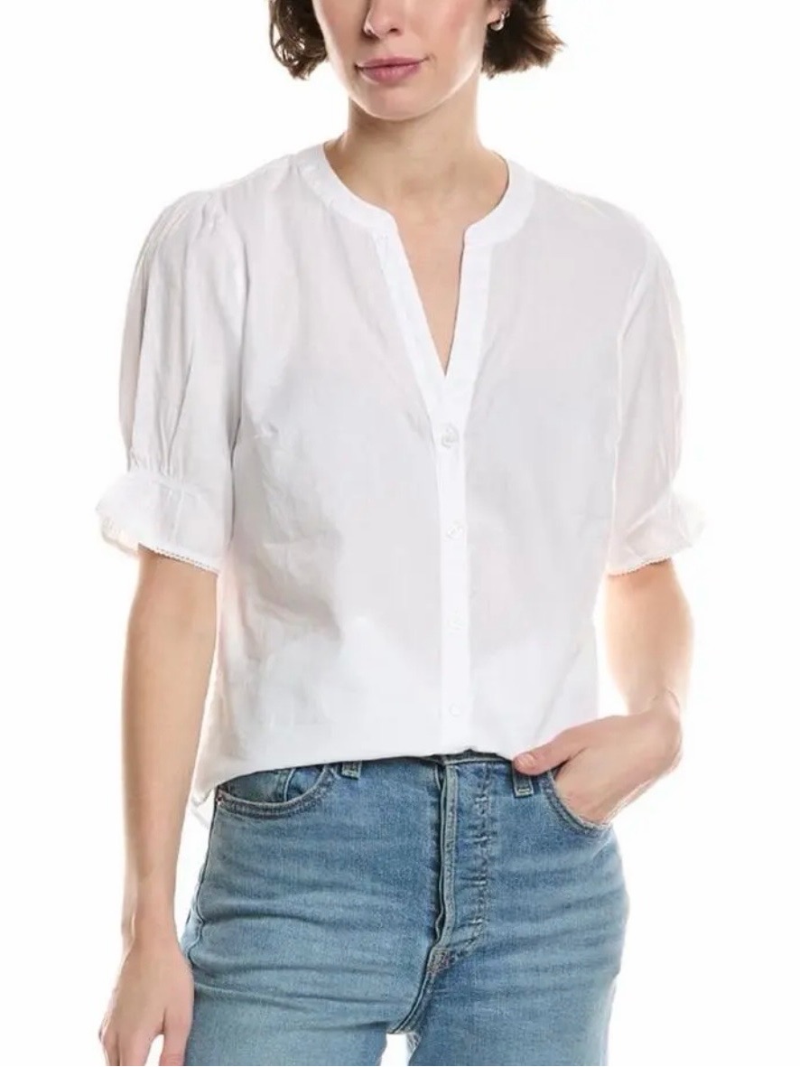 Michael Stars 100% Cotton White Short Puff Sleeve Button Front Top
